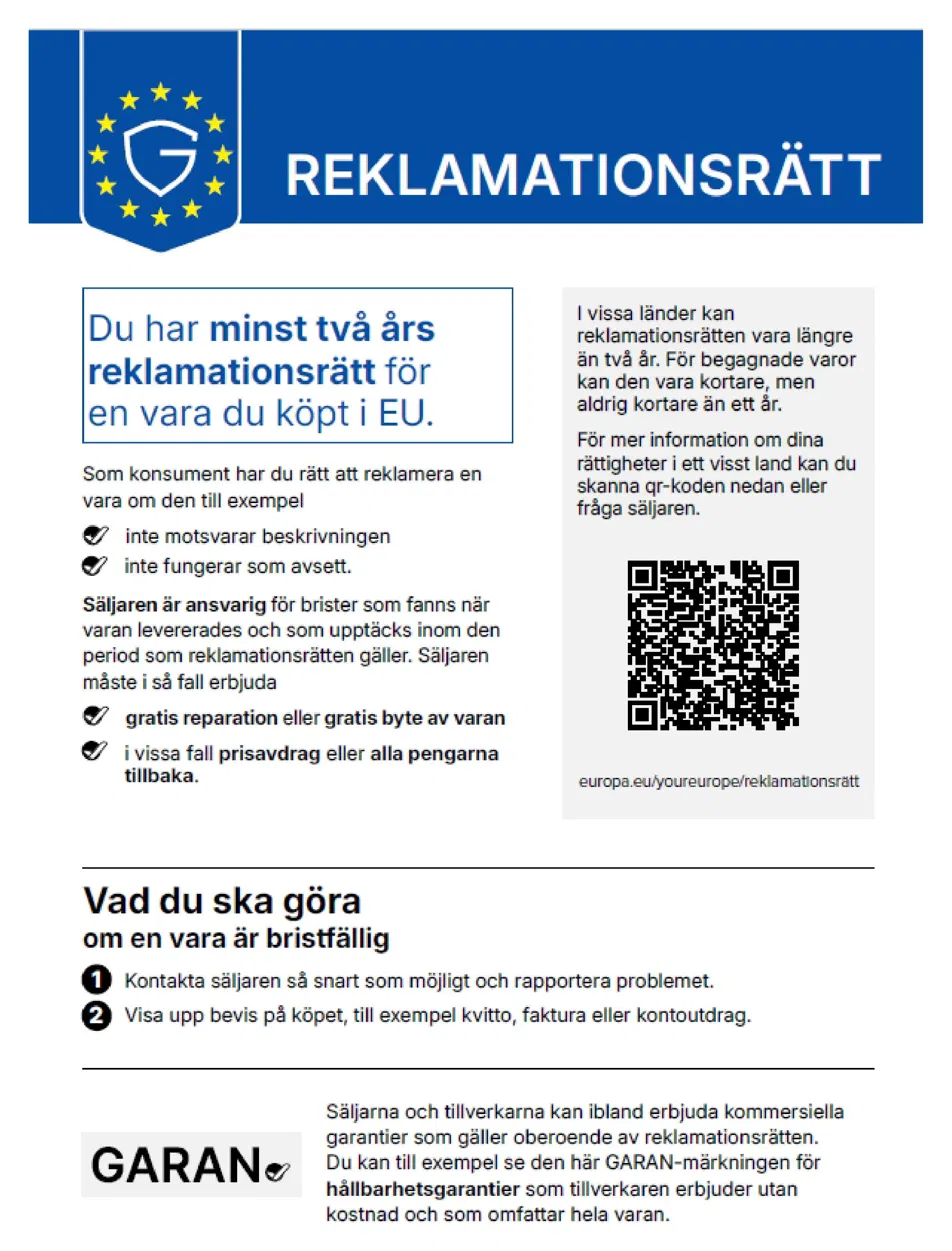EU:s harmoniserade notis om reklamationsrätt – du har minst två års reklamationsrätt för en vara du köpt i EU. QR-kod till europa.eu/youreurope/reklamationsrätt